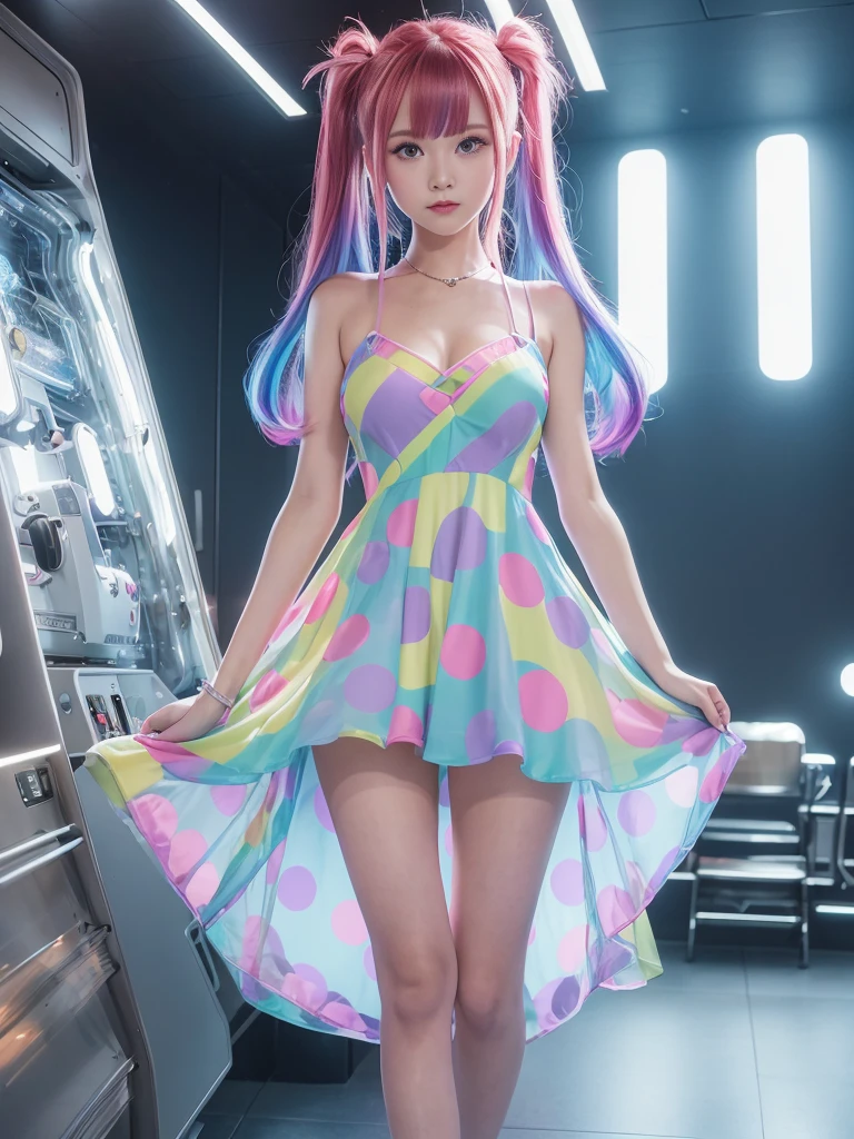 Cute redhead, gravure Idol, with rainbow colored hair tips, ribbons in her hair, 18-year-old woman, happy, in twin tails, perfect symmetrical eyes, clear sparkling blue eyes, pale skin, silky smooth skin, standing on a fancy luxurious space ship, large futuristic corridor, control panels, wood trim, decorative plants, warm lighting, wearing a futuristic dress, pleated (chemise) mini dress (pastel rainbow colors, and polka dots), wearing full body pantyhose, cute short cut booties.