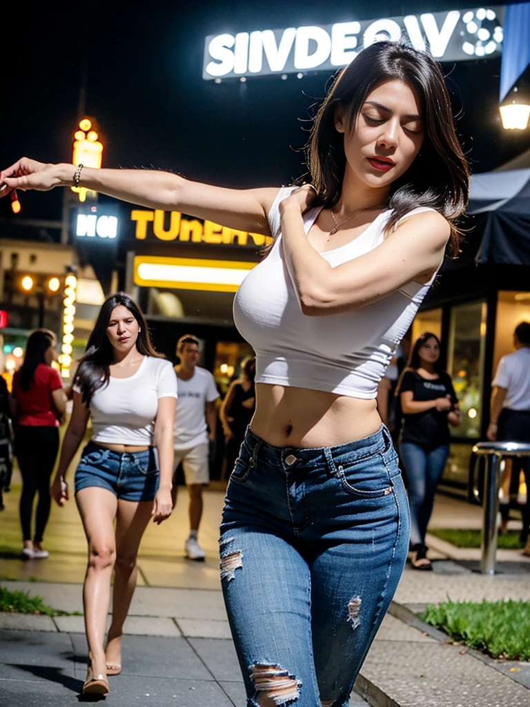 A sexy woman, Short hair, wavy hair, slender body, braless, saggy breasts, armpit, close eyes and open mouth, wearing casual white tight shirt with spandex short-sleeve and ripped jeans short pants, high heels, night at downtown sidewalk, half body, front view, standing on the floor, dynamic lighting, masterpiece, ultra detailed, movie scene, dramatic photo, perspective, vignette, cinematic