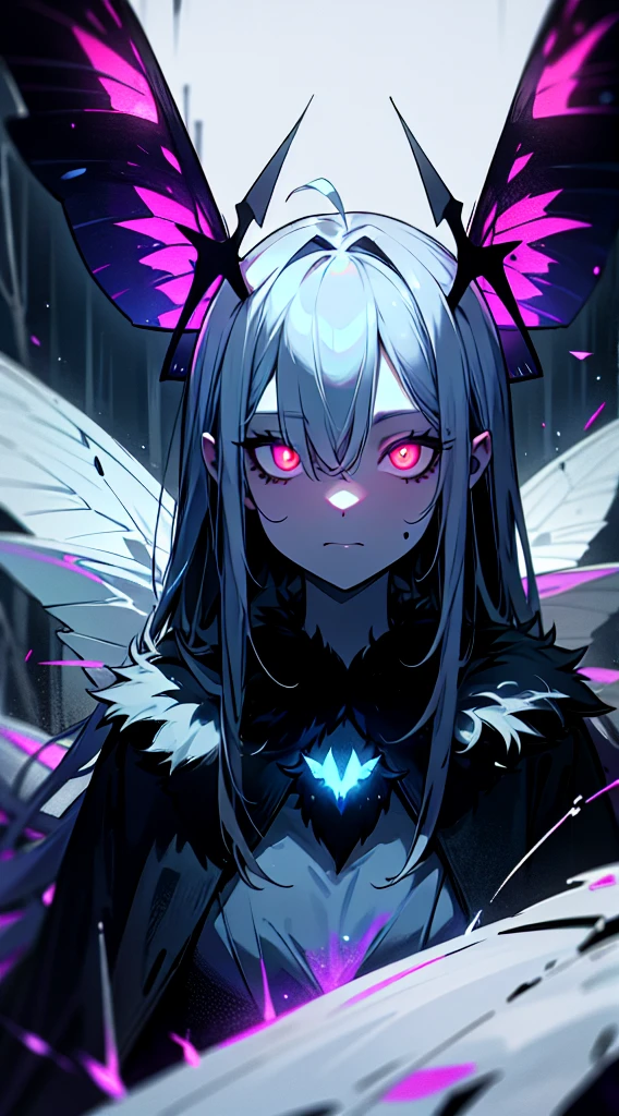 dark forest background, Heat, insanevoid, glowing eyes, extra eyes, horror \(theme\), moth girl, moth wings, antennae, neck fur