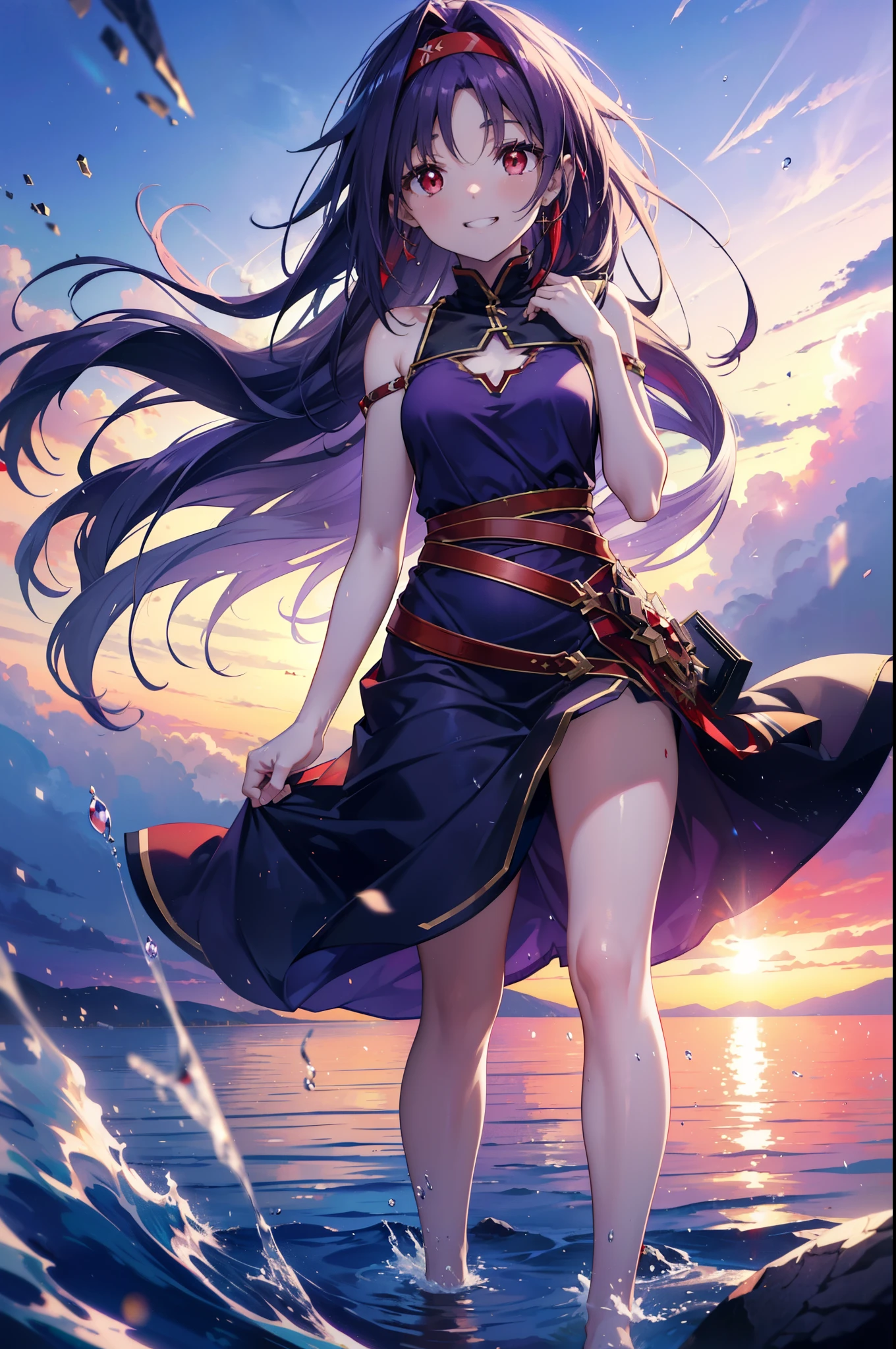 yuukikonno, Konno Yuuki, hair band, Long Hair, Pointed Ears, Purple Hair, (Red eyes:1.5), (Small breasts:1.2),smile,Grin,Purple sleeveless dress、Cute Sandals,Put your right hand on your hip,Are standing,Daytime,whole bodyがイラストに入るように, break looking at viewer, whole body, break outdoors,countryside, break (masterpiece:1.2), Highest quality, High resolution, unity 8k wallpaper, (figure:0.8), (Detailed and beautiful eyes:1.6), Highly detailed face, Perfect lighting, Extremely detailed CG, (Perfect hands, Perfect Anatomy),チックなmorning日,morning,Extreme light,