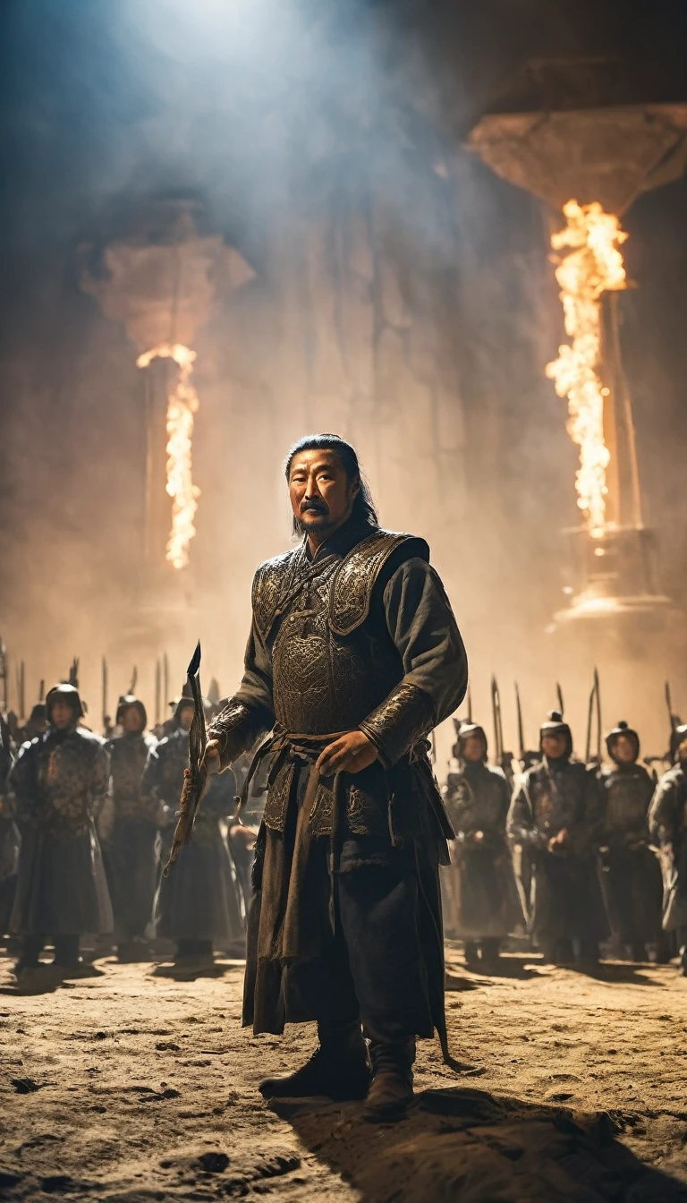 A battlefield scene with Genghis Khan’s army victorious yet showing mercy to the defeated, background dark gold sun, hyper realistic, ultra detailed hyper realistic, photorealistic, Studio Lighting, reflections, dynamic pose, Cinematic, Color Grading, Photography, Shot on 50mm lens, Ultra-Wide Angle, Depth of Field, hyper-detailed, beautifully color, 8k