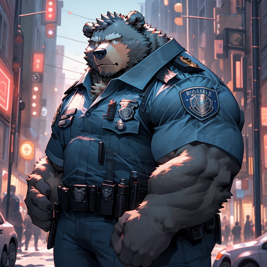 A muscular and strong police officer bear in uniform with a busy city pedestrian street in the background. A strong bear holding a baton.