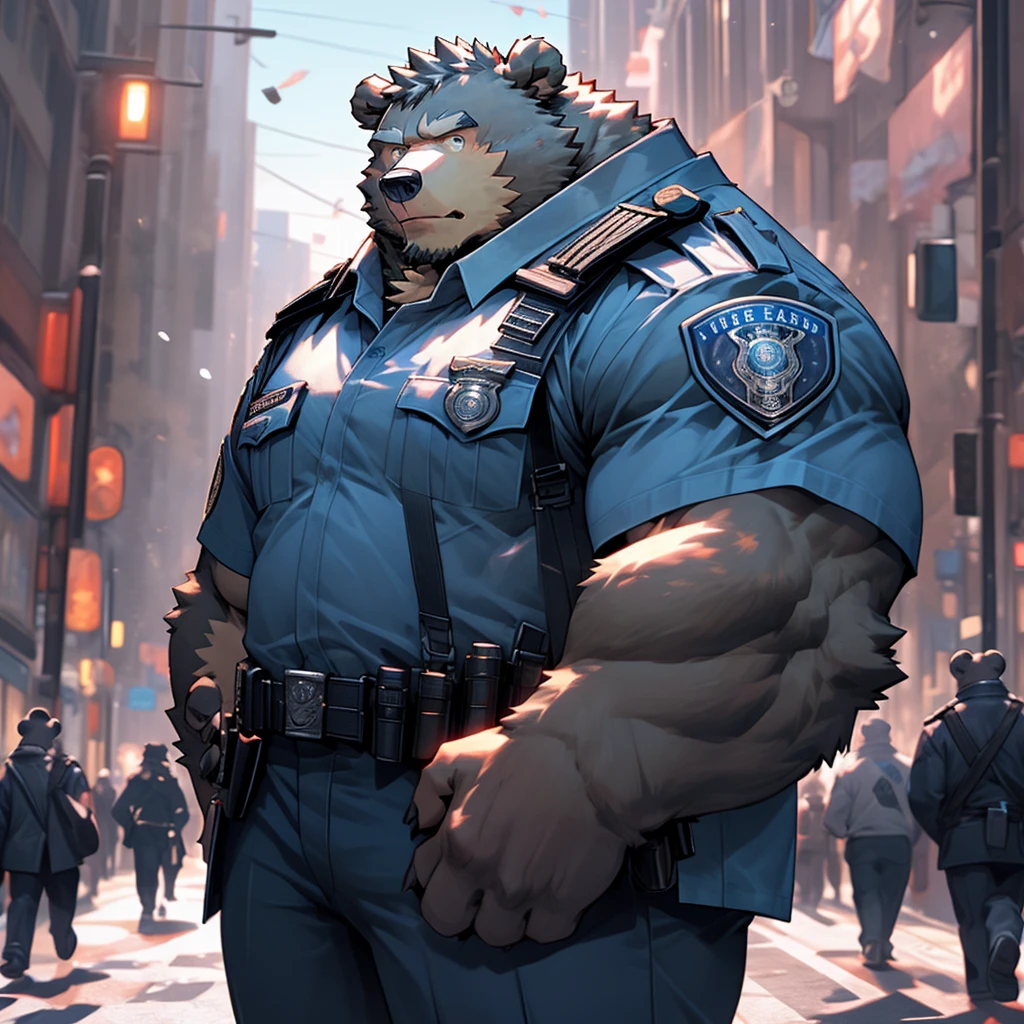 A muscular and strong police officer bear in uniform with a busy city pedestrian street in the background. A strong bear holding a baton.