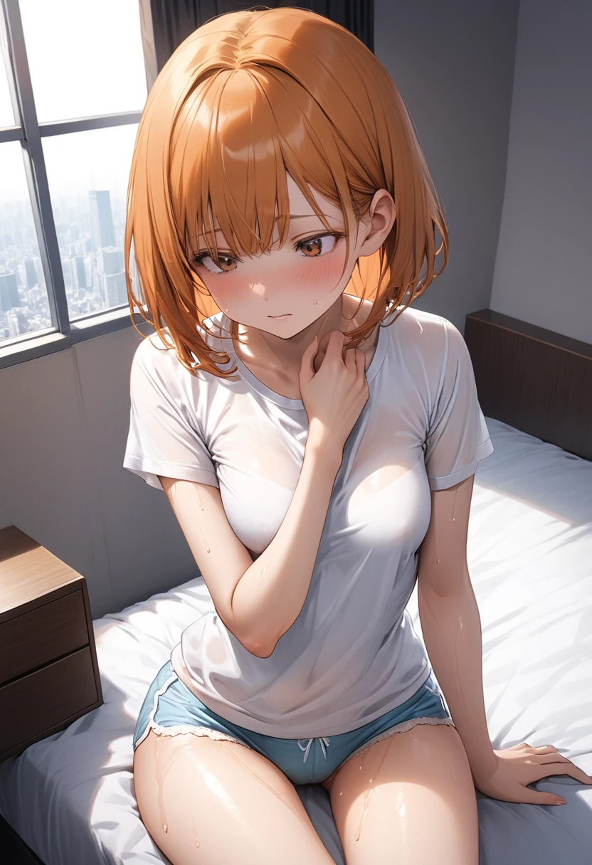 ((masterpiece,Highest quality:1.3,best quality illustration)),cowboy shot,1woman,16-year-old Japan beauty,((very small head:1.4)),short bob hair,bangs,(orange hair),brown eyes,gorgeous eyes,shy,Heavy breathing、medium breasts,((very long body)),(White loungewear T-shirt、Light grey micro shorts),(toned body,slender body,skinny),gleaming skin,shiny skin,oily skin,sweat,sweat,Wet crotch、sitting,spread legs,Simple bed、Simple bedroom,simple hotel、Tokyo,nsfw,