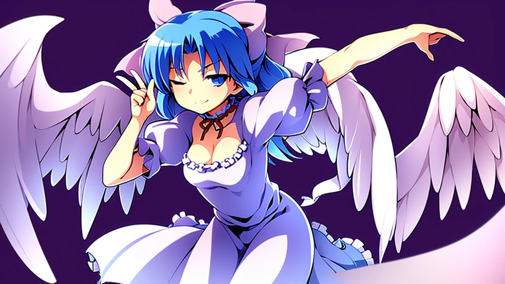 masterpiece, best quality, 1girl, , , 10 years old, medium blue hair, hair flaps, pink ribbon on head, well-formed face, blue eyes, angel girl, white blouse, puffy short sleeves, red ribbon, angel wings, long white skirt, red shoes, frills, ribbon head, from behind, to lift up one’s skirt, cowboy shot, from front, standing , raise one leg, crossed arms, arms up behind, arms behind back, hand between legs, put hands hip, one hand on hip, forward hands, arms raised in the air, punch hands, peace sign, waving, put up index finger, sit, lie down, closed eyes, lie face down, looking back, put one hand chest, leaning forward, cleavage, close up, horizontally outstretched arms, horizontally outstretched legs, front view, front face