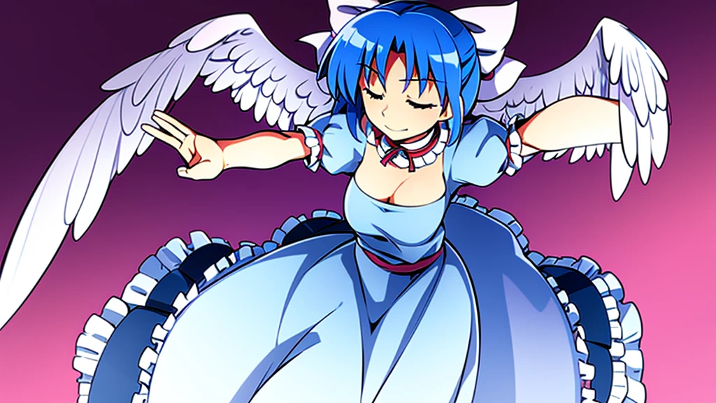masterpiece, best quality, 1girl, , , , medium blue hair, hair flaps, pink ribbon on head, well-formed face, blue eyes, angel girl, white blouse, puffy short sleeves, red ribbon, angel wings, long white skirt, red shoes, frills, ribbon head, from behind, to lift up one’s skirt, cowboy shot, from front, standing , raise one leg, crossed arms, arms up behind, arms behind back, hand between legs, put hands hip, one hand on hip, forward hands, arms raised in the air, punch hands, peace sign, waving, put up index finger, sit, lie down, closed eyes, lie face down, looking back, put one hand chest, leaning forward, cleavage, close up, horizontally outstretched arms, horizontally outstretched legs, front view, front face
