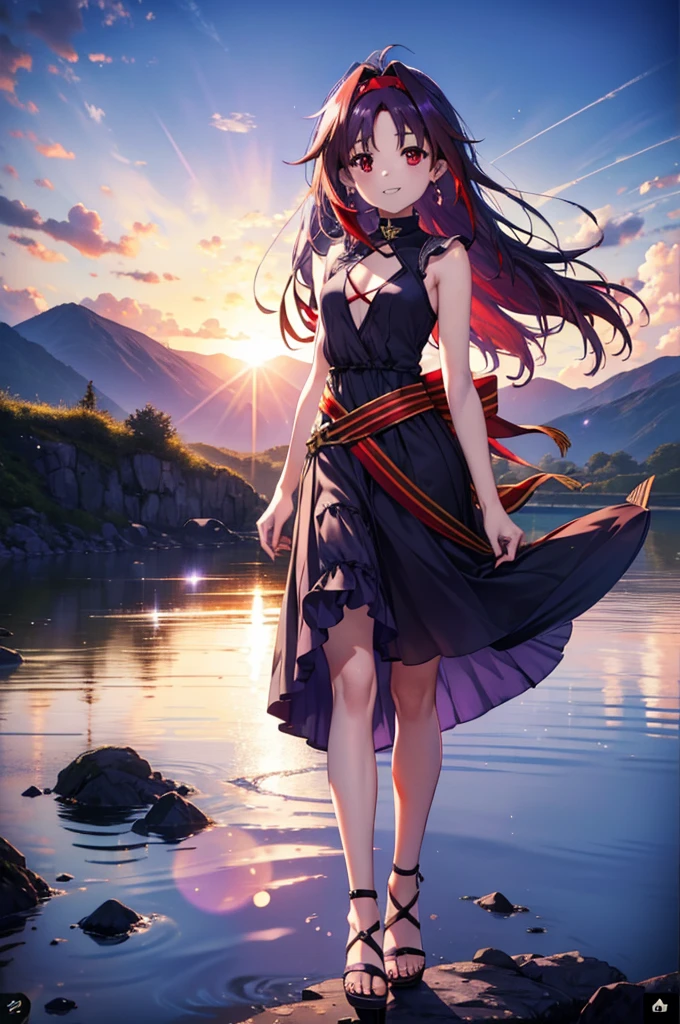 yuukikonno, Konno Yuuki, hair band, Long Hair, Pointed Ears, Purple Hair, (Red eyes:1.5), (Small breasts:1.2),smile,Grin,Purple sleeveless dress、Cute Sandals,Put your right hand on your hip,Are standing,Daytime,whole bodyがイラストに入るように, break looking at viewer, whole body, break outdoors,countryside, break (masterpiece:1.2), Highest quality, High resolution, unity 8k wallpaper, (figure:0.8), (Detailed and beautiful eyes:1.6), Highly detailed face, Perfect lighting, Extremely detailed CG, (Perfect hands, Perfect Anatomy),チックなmorning日,morning,Extreme light,