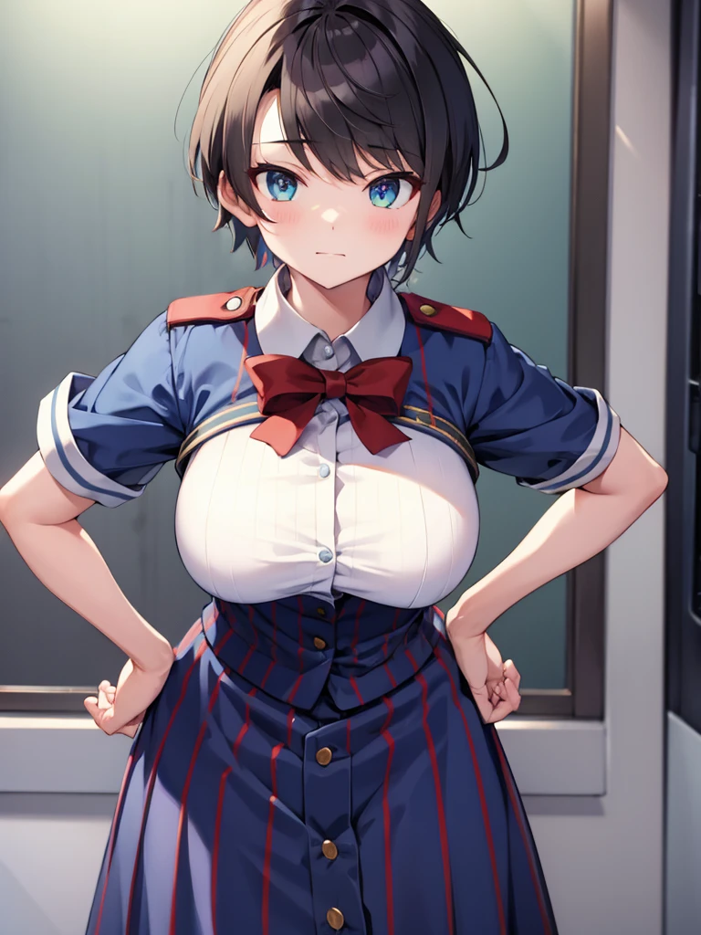 tomboy、Hands on hips、Leaning forward、Big Breasts、uniform