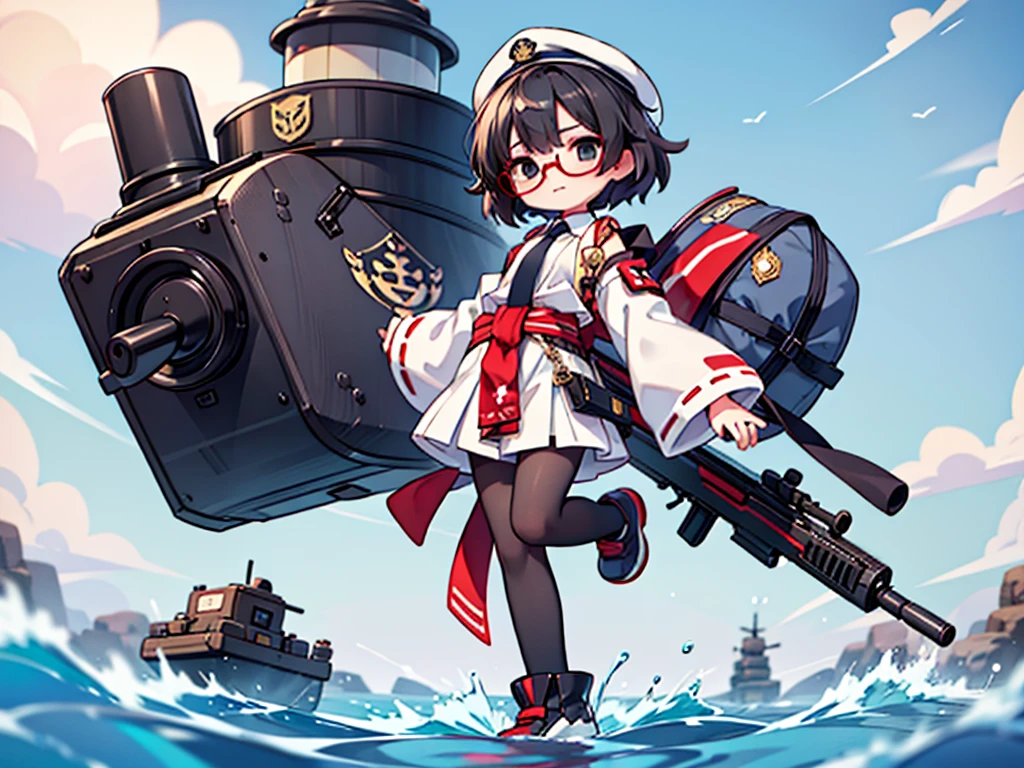 (((masterpiece, Vision))), ((((Full body of a woman with perfect flat chest、1 Female、solo、Short unkempt black hair、Tie your messy hair at the nape of your neck、white military jacket、Miko costume、black tights、Black glasses、White military cap、Cloudy black eyes、Confused eyes、Junyo-inspired emblem)))), (((Shipgirl))), ((Floating on the morning sea with both feet)), (Standing with your legs apart), (Hold the shotgun turret grip with your right hand), (Equipped with a large caliber turret with a mechanical arm extending from the waist), (Equipped with a turret on the back), (His left arm holds the grip of a triple machine gun), Shotgun shell in left arm, Bullet belt on thigh, Spreading the Machine&#39;s Wings, 2. Machine Tail, 背景に3Shipgirl, 