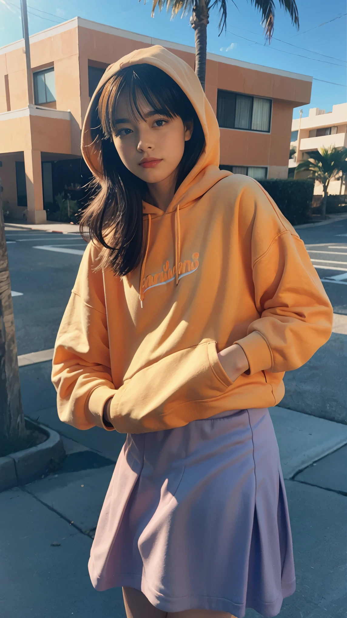 Fujifilm XT3,1 girl ,little smile and joy,close up photo, wear (((color orange oversized_hoodie))), wear ((purple tennis skirt)),hands in hoodie pocket,looking front,Best Quality,Masterpiece,Ultra High Resolution,(Realisticity:1.4),Original Photo,light leak,ultra high resolution,UHD,beautiful, (bokeh:1) black bob hair, almond eye, no makeup, in front of (80's mondrian architecture motel), (realistic:1.2), (surreal:1.3), (very detailed:1.1), ((masterpiece)),summer, blue sky, palm trees,sunny, los angles vibes