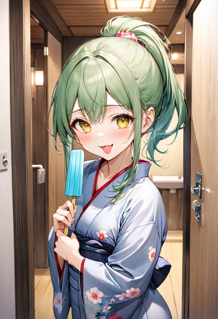 (Stretching out sexy tongue, Lic:1.2 a popsicle) (solo:2, 15 yo ponytail green long hair cute girl, cute yellow eyes, ecstasy smile, medium tits), (in a cute yukata), break, (in the Rest room at inn), BREAK, perfect anatomy, masterpiece, best quality, 16k, beautiful detailed hot, daydreaming expression.