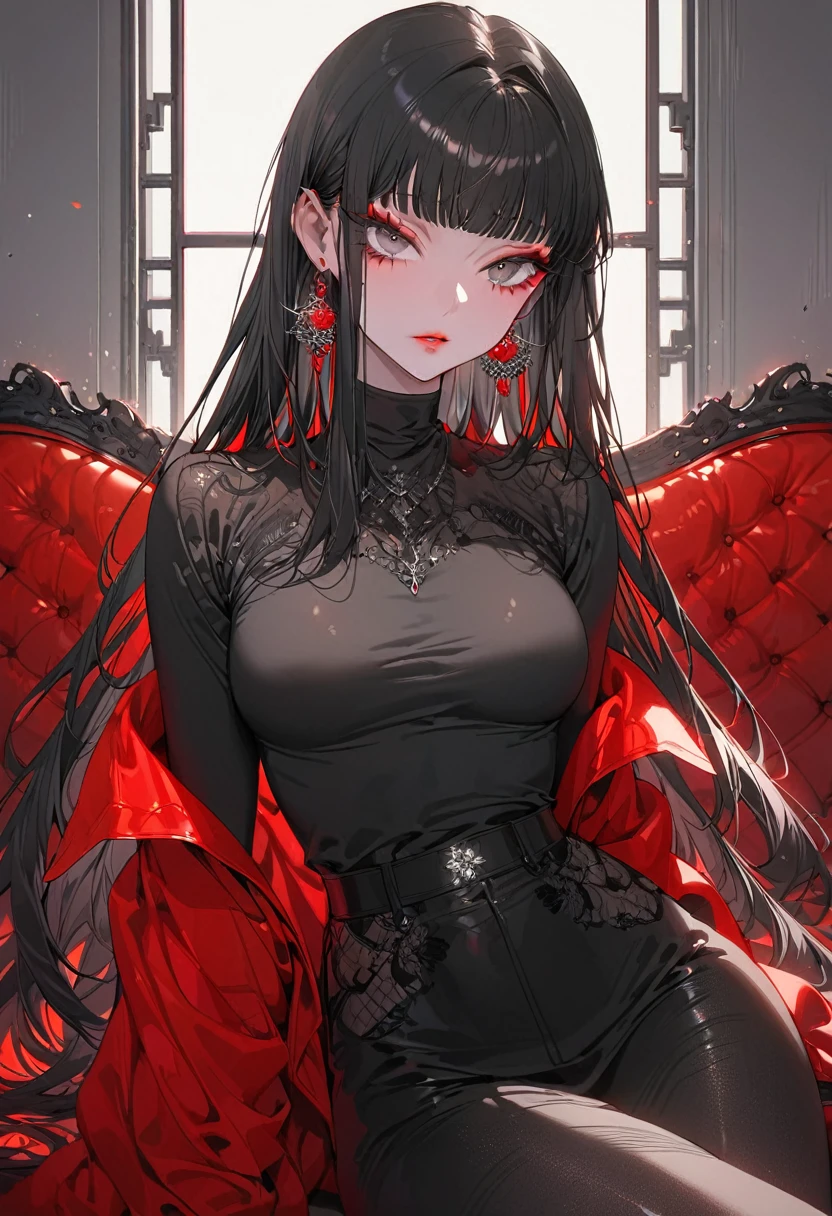 (Highest quality,Super detailed,High resolution:1.2),beautiful woman with perfect face,very_Long eyelashes, Detailed lips, Cool look, Soft Skin, Shiny Hair,Exquisite makeup,Heavy bangs,Dilated grey eyes,Black straight long hair, Wearing a black silk shirt,Sitting on the red sofa and inviting,