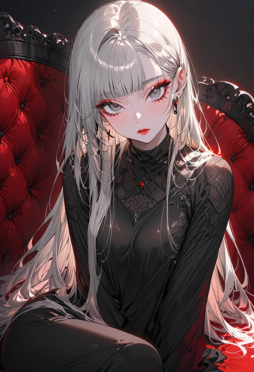 (Highest quality,Super detailed,High resolution:1.2),beautiful woman with perfect face,very_Long eyelashes, Detailed lips, Cool look, Soft Skin, Shiny Hair,Exquisite makeup,Heavy bangs，Dilated grey eyes，Black straight long hair, Wearing a black silk shirt，Sitting on the red sofa and inviting，