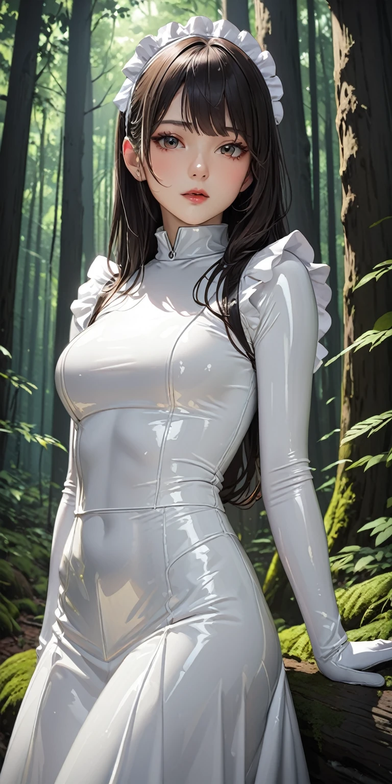 Portraiture、(masterpiece,Highest quality,Ultra-high resolution),Japanese women, (((Very beautiful 25 year old girl))),(White latex maid dress)、(((White latex long skirt)))、(A long-sleeved white latex shirt covering the upper body)、White latex long gloves、White latex socks、(White latex bodysuit)、The clothes fit snugly to the body、White latex is very shiny、Standing in a dark forest、