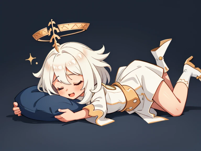 (1 girl) , tender, Sleeping, happy, lying down, kitchen background, White hair, round slime pillow, golden halo, long white dress, slime, black star decoration in hair, 