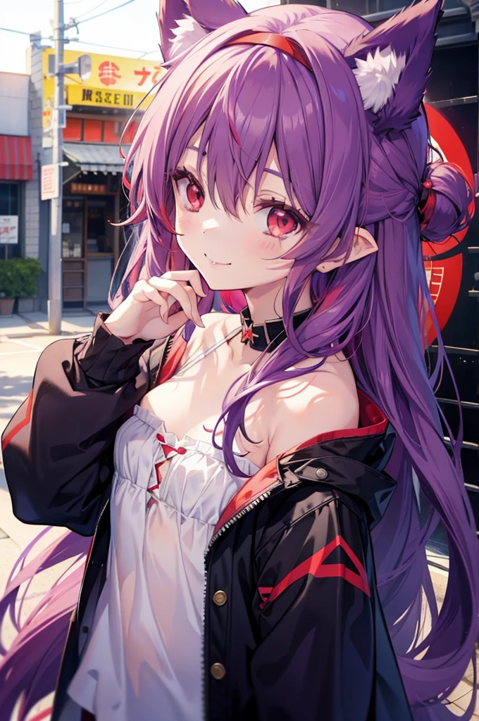 yuukikonno, Konno Yuuki, hair band, Long Hair, Pointed Ears, Purple Hair, (Red eyes:1.5), (Small breasts:1.2),smile,Dog Ears,Animal ears　Dog&#39;s tail,Grin,Purple sleeveless dress、Cute Sandals,Put your right hand on your hip,Are standing,Daytime,whole bodyがイラストに入るように, 　　　　　break looking at viewer, whole body,  　　　　　　　　　　　　　　　　　　　break outdoors,countryside, 　　　　　　　　　　　　break (masterpiece:1.2), Highest quality, High resolution, unity 8k wallpaper, (figure:0.8), (Detailed and beautiful eyes:1.6), Highly detailed face, Perfect lighting, Extremely detailed CG, (Perfect hands, Perfect Anatomy),チックなmorning日,morning,Extreme light，　　　　　　　　　　