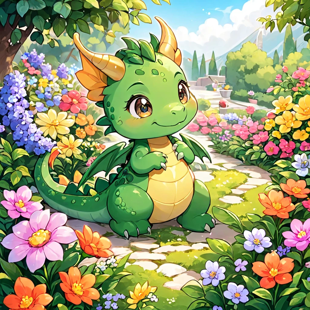 A cute dragon in a flower garden