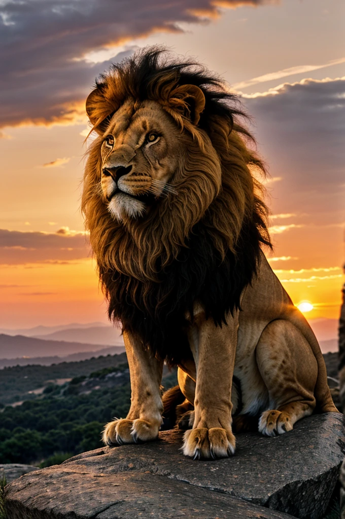 In the fading light of the day, a lone lion stands atop a rocky outcrop, its mane glowing in the warm hues of the sunset, surveying its kingdom with a regal air.