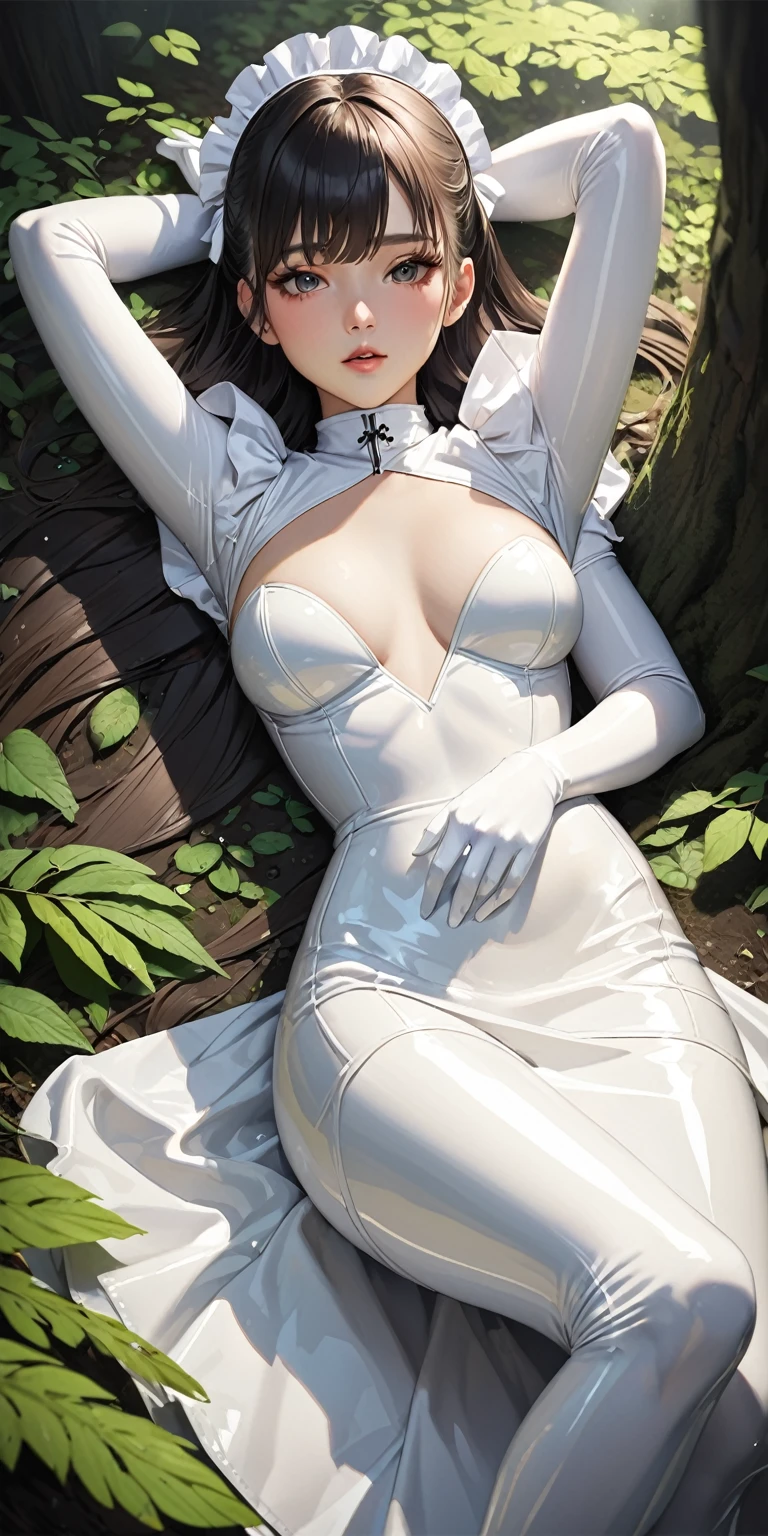 Portraiture、(masterpiece,Highest quality,Ultra-high resolution),Japanese women, (((Very beautiful 25 year old girl))),(White latex maid dress)、(((White latex long skirt)))、(A long-sleeved white latex shirt covering the upper body)、White latex long gloves、White latex socks、(White latex bodysuit)、The clothes fit snugly to the body、White latex is very shiny、Lying in the dark forest、