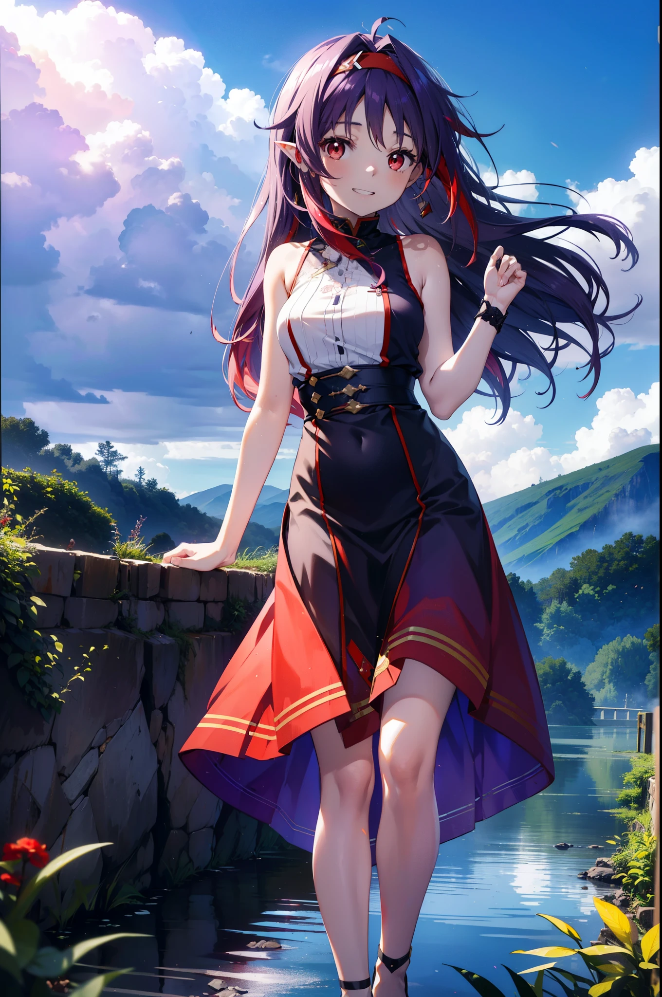 yuukikonno, Konno Yuuki, hair band, Long Hair, Pointed Ears, Purple Hair, (Red eyes:1.5), (Small breasts:1.2),smile,Grin,Purple sleeveless dress、Cute Sandals,Put your right hand on your hip,Are standing,Daytime,whole bodyがイラストに入るように, 　　　　　　　　　break looking at viewer, whole body,  　　　　　　　　　　　　　　　　　　　break outdoors,countryside, 　　　　　　　　　　　　break (masterpiece:1.2), Highest quality, High resolution, unity 8k wallpaper, (figure:0.8), (Detailed and beautiful eyes:1.6), Highly detailed face, Perfect lighting, Extremely detailed CG, (Perfect hands, Perfect Anatomy),チックなmorning日,morning,Extreme light，　　　　　　　　　　