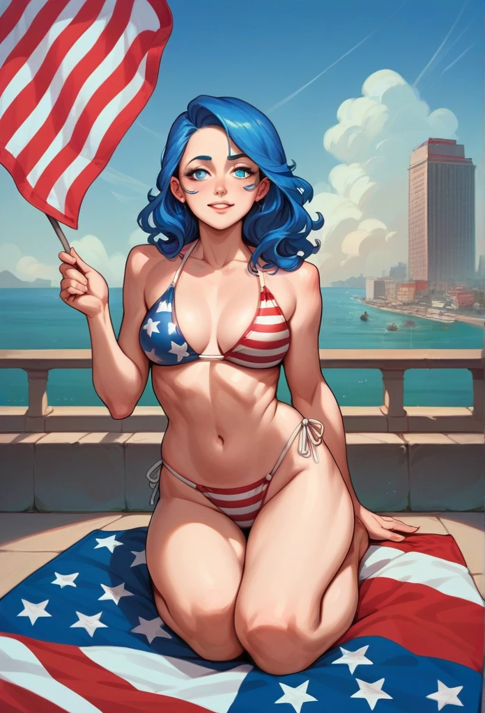 a beautiful biracial woman in american flag bikini, lots of flag and united states of america colours, firworks in the sky, american city, blue hair, blue light eyes, extremely detailled full body photo
