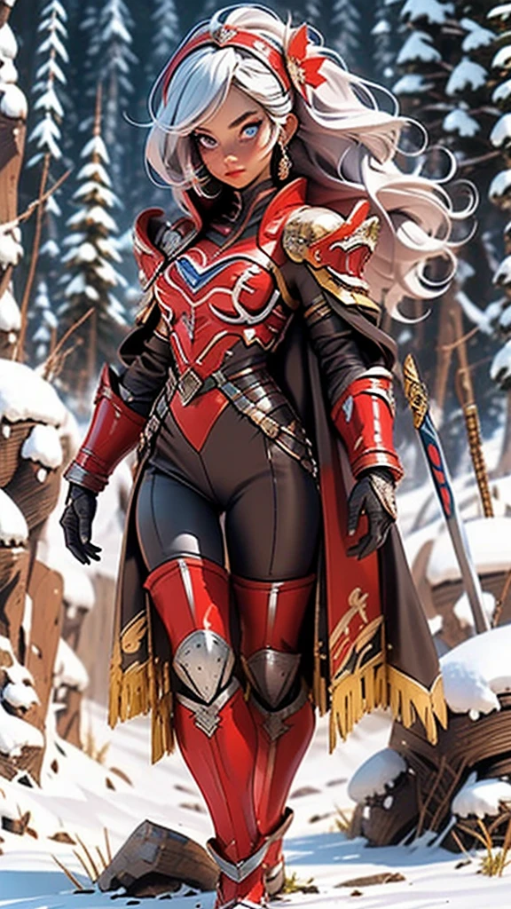 amazing quality, masterpiece, best quality, hyper detailed, ultra detailed, UHD, beautiful girl, perfect anatomy, perfect body, model, stylish pose, wearing full plate body fantastic red armor with red cape, holding crystal sword, snowy medieval road, (random color:1.4), long hair, various hairstyles, white hair, blue eyes, glowing eyes, extremely detailed,