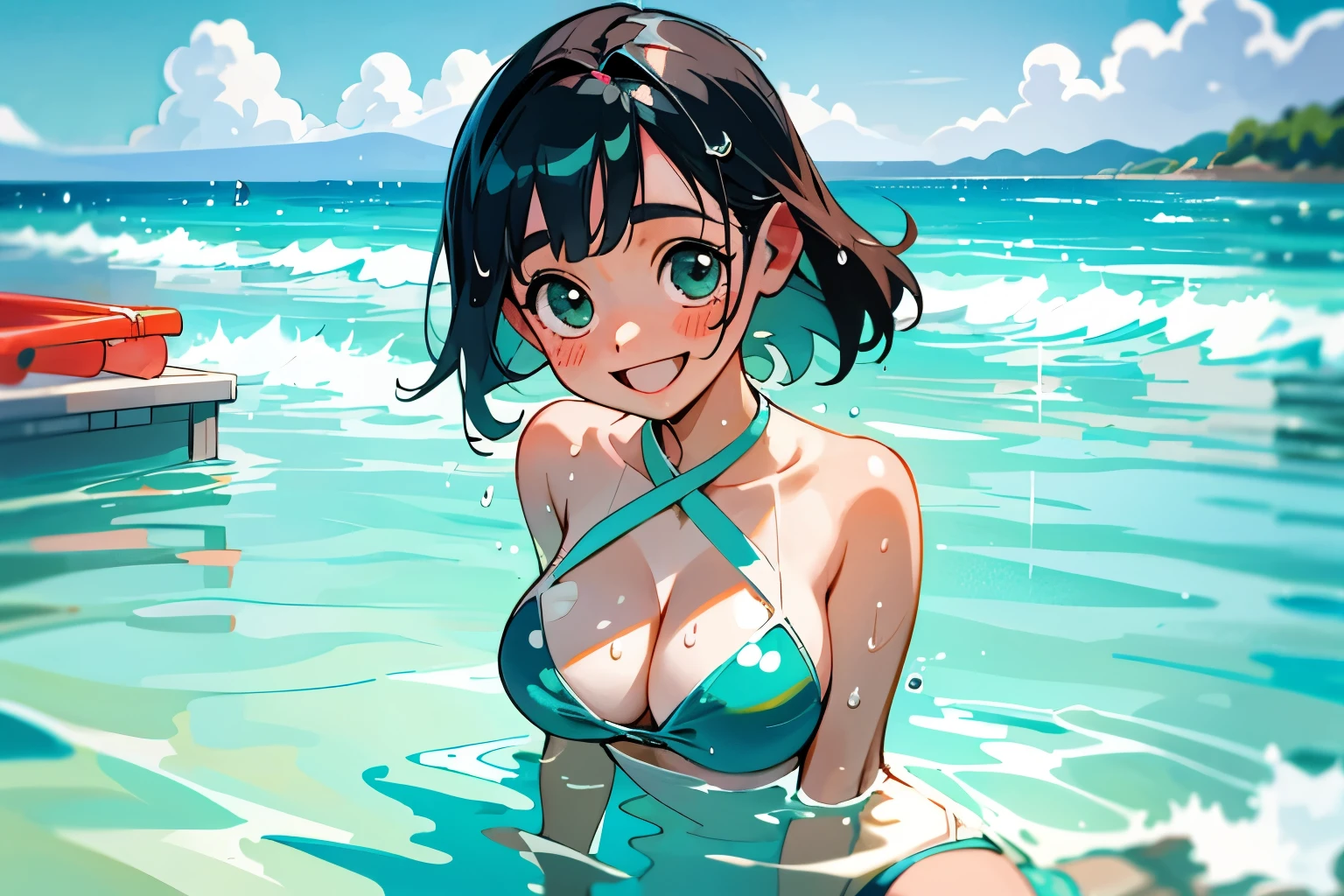 Ocean、summer、Swimwear、2People Girls、Large Breasts、cute、smile、fun、Swim ring、water droplets