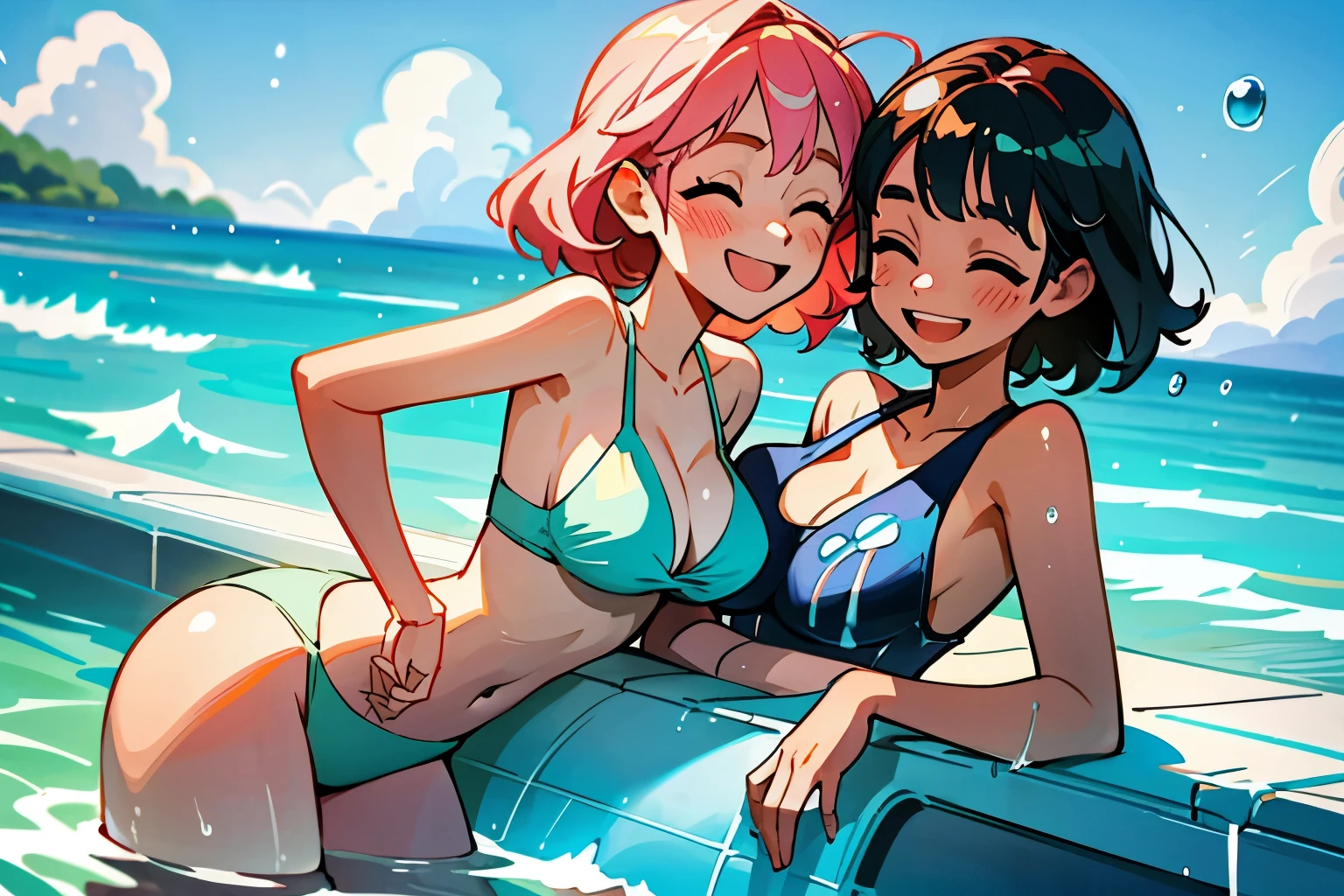 Ocean、summer、Swimwear、2People Girls、Large Breasts、cute、smile、fun、Swim ring、water droplets