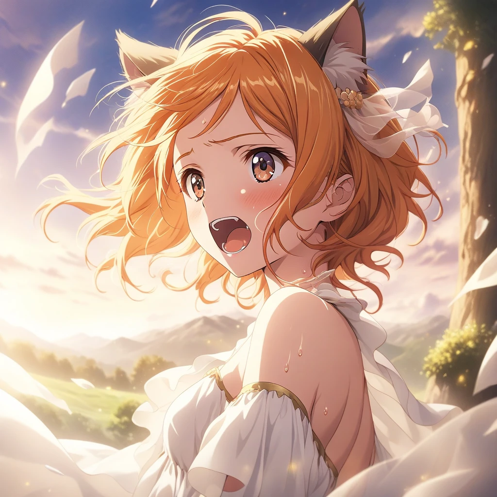 absurdres, highres, ultra-detailed, source_anime, best quality, masterpiece, official art, waifu2x,break,1girl, princess_connect! hiyori_(princess_connect!), cat girl, short hair, orange hair, cat ears, small breasts, sweat, open mouth, (yawn:0.3), sleepily, outdoors, wind,break,(clear line illustration:1.2),very high resolution, very aesthetic, super detailed skin, Best sexual lighting powered by famous artist, 8k,cute picture,beauty illustration,photoshop_(medium),,(Detailed Lighting),best anime 8k konachan wallpaper, pixiv contest winner,