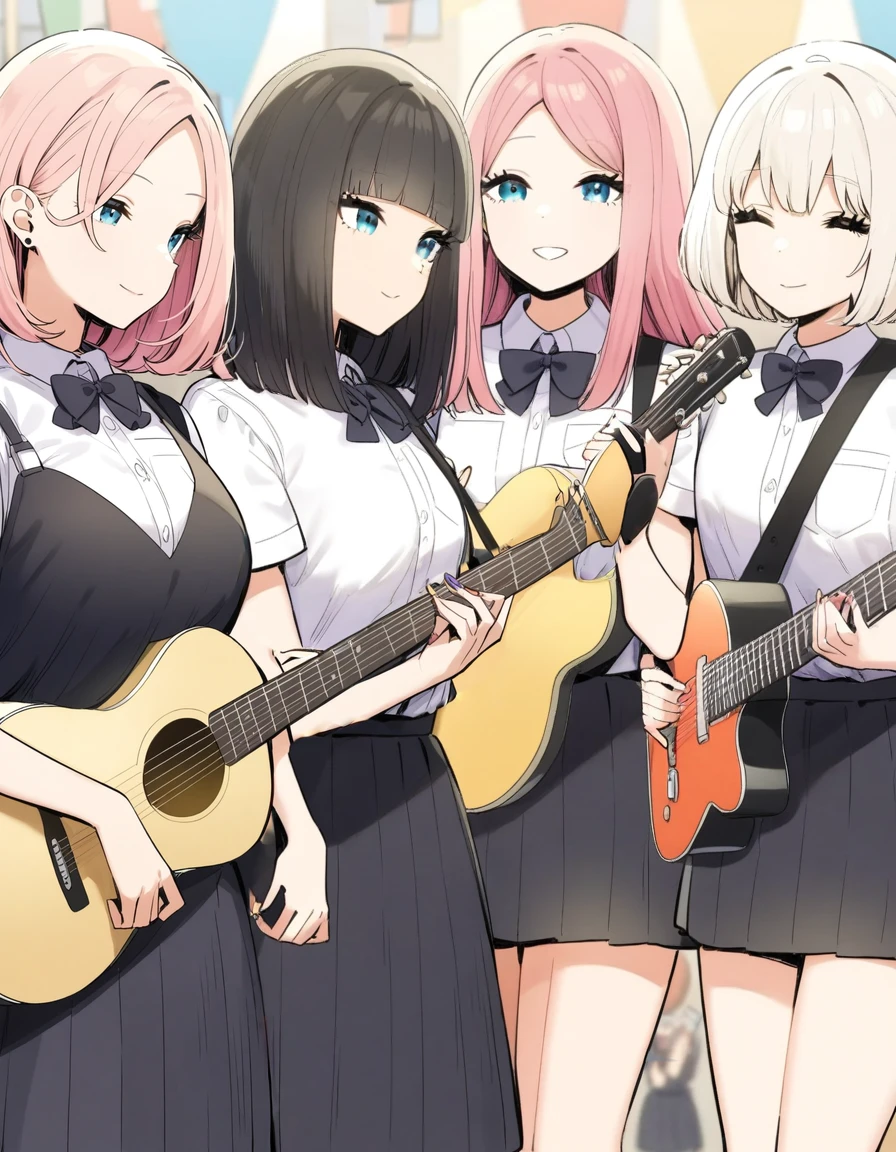 City Pop Style, Three-person band group, Tao has pink hair, a fluffy bob cut, and is playing a guitar., Jane has long white hair down to her waist and is the vocalist., Sayaka has shoulder-length black hair and is a drummer., School festival, Retro, Vintage, A light smile, Lined up facing forward