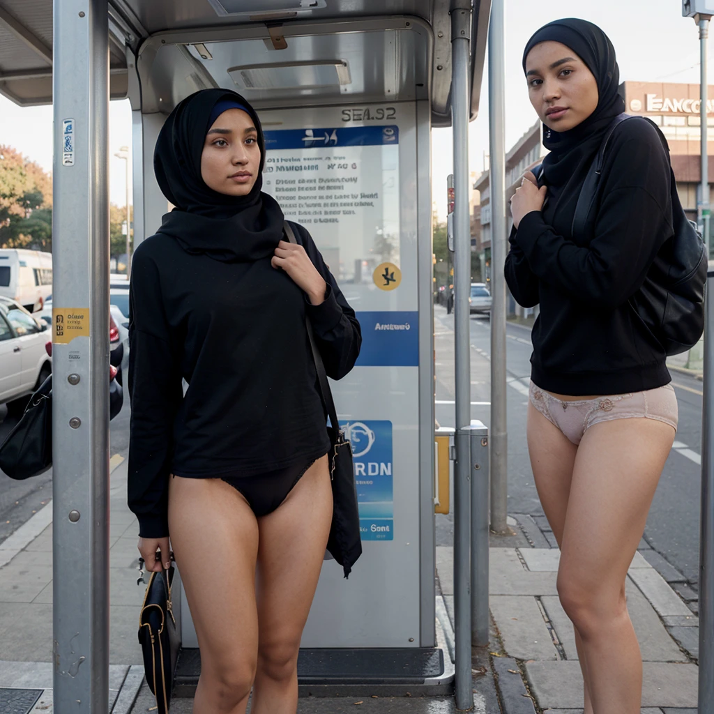 A woman wearing a hijab and her panties are visible at the bus stop..Passengers at the bus stop are looking at him 