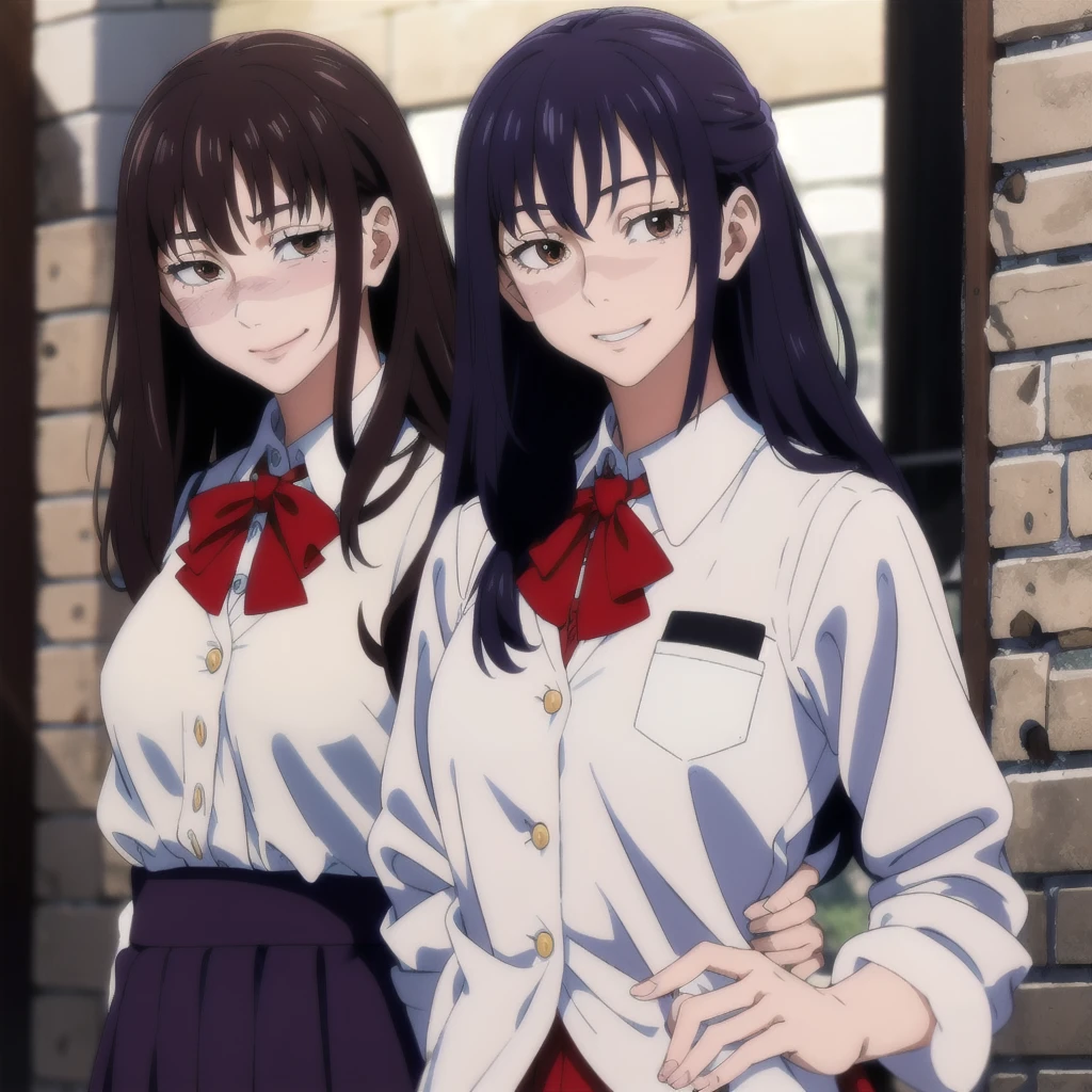 masterpiece,high quality,school,
looking at viewer,smile,
Honoka,1girl,
,VEST,collared shirt,Red ribbon,
Close-up, young woman, long wavy hair with light brown bangs, bright brown eyes, thesis clara (cold colors) and very feminine features, fine and pretty, subtle makeup and wears a small dark blue uniform. Smiling medium build, but curvy.