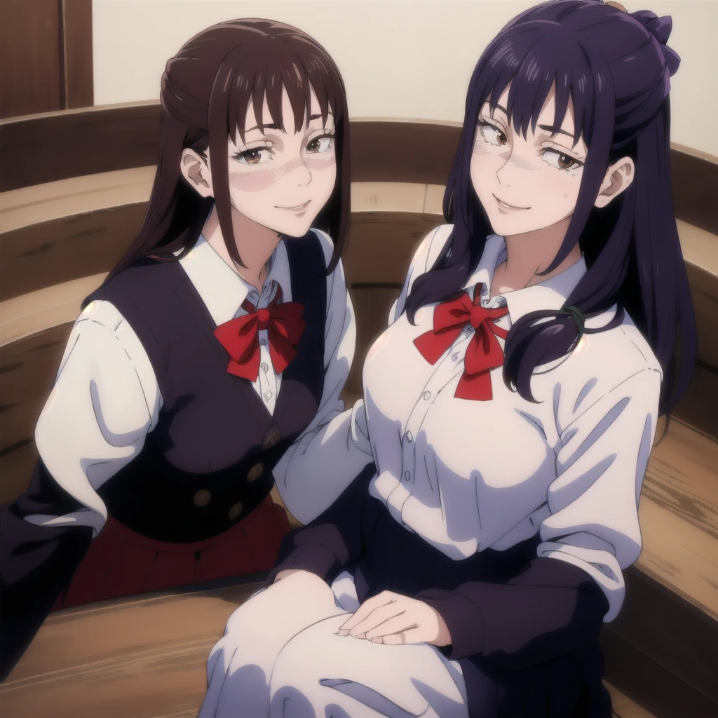 masterpiece,high quality,school,
looking at viewer,smile,
Honoka,1girl,
,VEST,collared shirt,Red ribbon,
Close-up, young woman, long wavy hair with light brown bangs, bright brown eyes, thesis clara (cold colors) and very feminine features, fine and pretty, subtle makeup and wears a small dark blue uniform. Smiling medium build, but curvy.