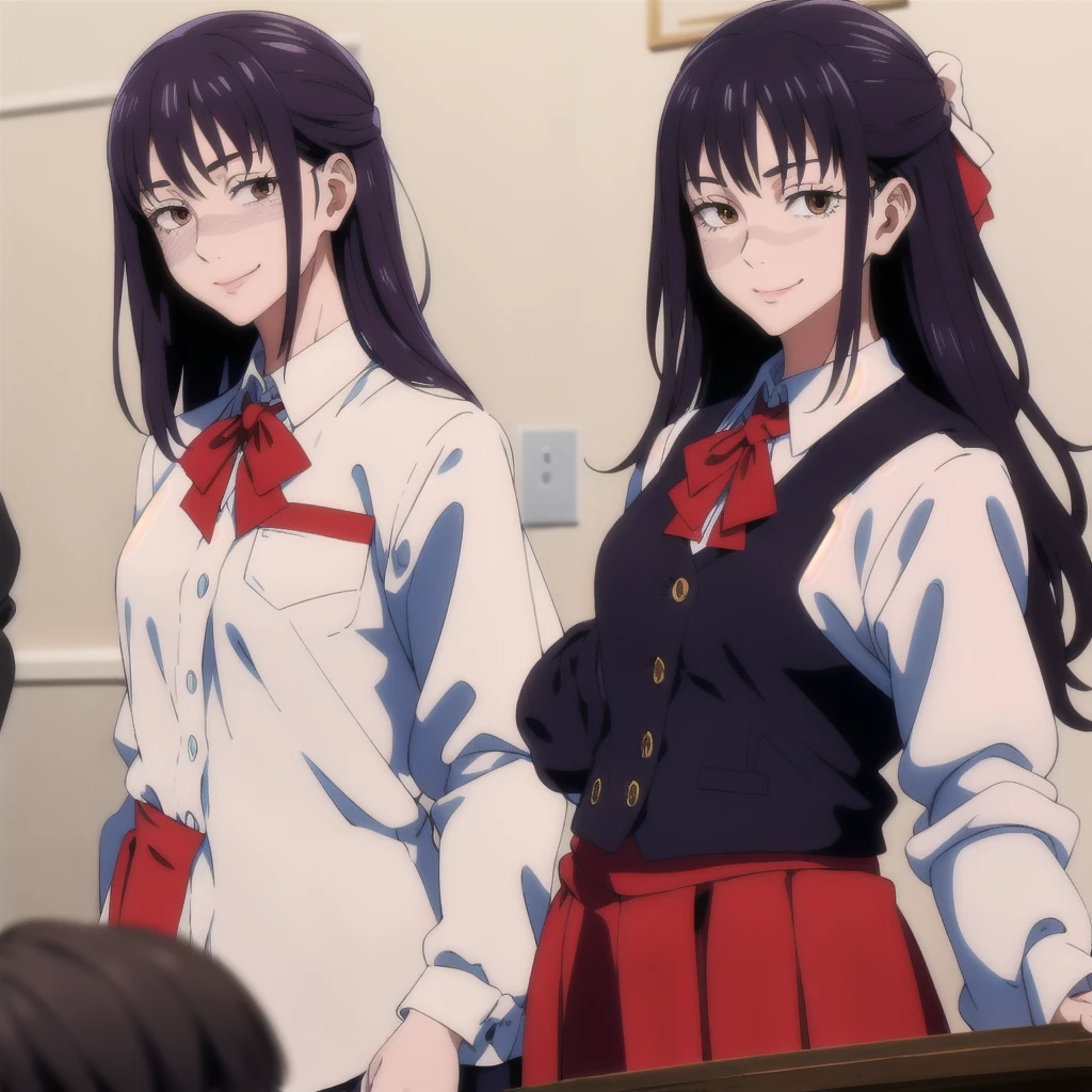 masterpiece,high quality,school,
looking at viewer,smile,
Honoka,1girl,
,VEST,collared shirt,Red ribbon,
Close-up, young woman, long wavy hair with light brown bangs, bright brown eyes, thesis clara (cold colors) and very feminine features, fine and pretty, subtle makeup and wears a small dark blue uniform. Smiling medium build, but curvy.
