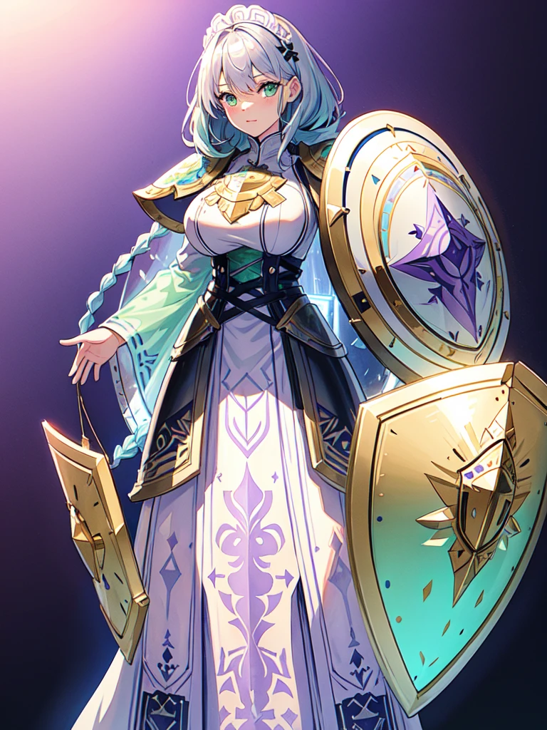 (１With two shields,　((Large Shield Design:1.６))、An illustration、metallic material、Detailed engraving、Decorative pattern、silver accentystical symbols) and watercolor画, （Gradient braided hair, (Ink blotches:1.1), (pale:1.2),(Light purple:1.2),(Light green:1.2)）and wearing a maid outfit 　Mature face,tall, Wearing black tights,Green Eyes, The skin is hidden　and 1 female, Nervous,Cowboy Shot, sketch (Character design sheet, same characters, whole body, Three-View, front, ~ ~ ~ side, return),(Very bright:1.1), White Background, [1 Girl:7], (Tilt your head:1.2), ([sketch|watercolor \(Moderate\)]:1.15),Chaotic Abstract Background, Vector Trace, Gradient Blending, Bright colors, that&#39;wonderful, Very detailed, Complex, (Very low contrast:1.4）