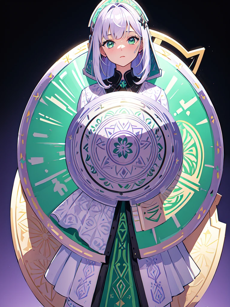(１With two shields,　((Large Shield Design:1.６))、An illustration、metallic material、Detailed engraving、Decorative pattern、silver accentystical symbols) and watercolor画, （Gradient braided hair, (Ink blotches:1.1), (pale:1.2),(Light purple:1.2),(Light green:1.2)）and wearing a maid outfit 　Mature face,tall, Wearing black tights,Green Eyes, The skin is hidden　and 1 female, Nervous,Cowboy Shot, sketch (Character design sheet, same characters, whole body, Three-View, front, ~ ~ ~ side, return),(Very bright:1.1), White Background, [1 Girl:7], (Tilt your head:1.2), ([sketch|watercolor \(Moderate\)]:1.15),Chaotic Abstract Background, Vector Trace, Gradient Blending, Bright colors, that&#39;wonderful, Very detailed, Complex, (Very low contrast:1.4）