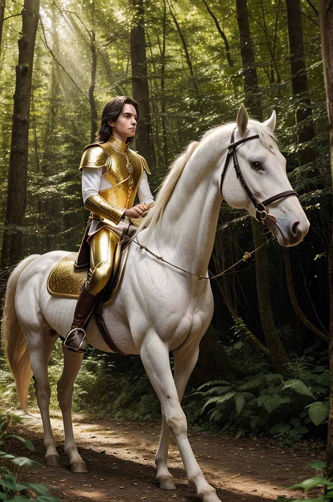 • Visualize a young prince, Sebastian, riding his majestic white horse through a sun-dappled forest. His golden armor gleams in the filtered sunlight as he navigates a narrow trail, surrounded by tall, ancient trees. Birds flutter above, and a gentle breeze stirs his dark hair, capturing a moment of serene bravery and adventure.