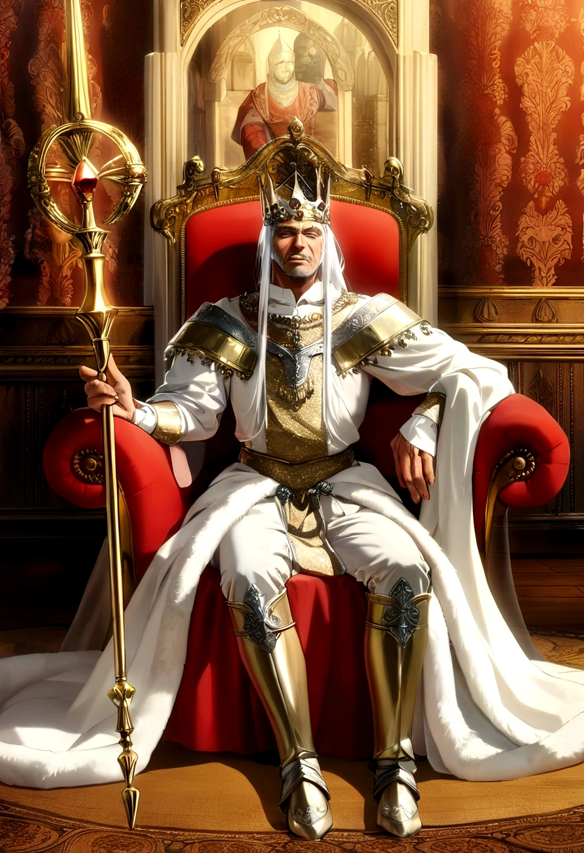 king man Anime artstyle, holding a gold staff, wearing a glamour, arrogant, full body, sit in king sofa, kingdom, rich, medieval, celestia, wallpaper, HD quality, extremely detailed, highest quality digital art