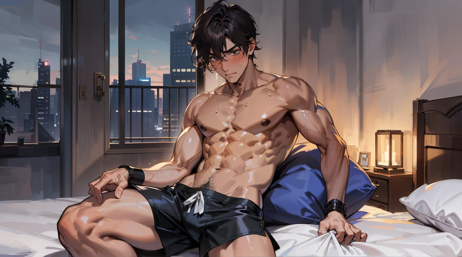  (best quality), [masterpiece], Sexy pose, (((blush)))4K, high quality, Divine Light, beautiful, Good lighting, (absurdes, high resolution, Extremely detailed),(((A 30-year-old man))), ((Mature and handsome man)), blush的笑，Seductive expression, Solitary, muscular, Muscle Man, High target, handsome guy, Big biceps, Abdominal muscles, thigh, Broad shoulders, Open the chest,, Black short hair,sweat, Sweaty hair, Shirtless, Sit on the bed and relax, Black shorts, Viewers Watching, high resolution:1.2, best quality, Upper body shooting, Flat style, Ambiguous room background, Low photographic angle, Volumetric Lighting, Depth of Field, shadow,Romantic environment, promote, Flash, Flash panties, debauchery, promote, Brown, Flash, Flash panties, debauchery
