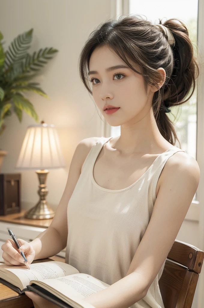 (((best quality))),(((ultra detailed))),(((masterpiece))),illustration,((1 beautiful girl, college student,solo)),((slim,thin,small breasts,flat chest)),(short ponytail:1.2),(sleeveless shirt:1.2), studying, books, dormitory, summer afternoon, sky, gloomy shadow, bed, wooden desk, bookshelf, soft warm light, lamp, gentle glow, almond-shaped eyes, textbooks, daydreaming, beach, cities, vacation, smile, pen, highlighting, notebook, dates, stretching legs, cushion, portable fan, soothing breeze, summer heat, herbal tea, thirst, potted plants, greenery, vibrant leaves, cozy atmosphere, determined expression, excel exams, summer break, intelligence, determination, achieve goals,((from front,upper body))