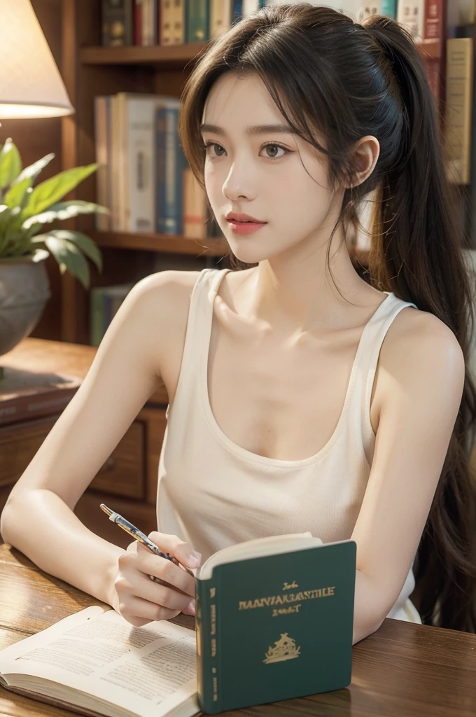 (((best quality))),(((ultra detailed))),(((masterpiece))),illustration,((1 beautiful girl, college student,solo)),((slim,thin,small breasts,flat chest)),(short ponytail:1.2),(sleeveless shirt:1.2), studying, books, dormitory, summer afternoon, sky, gloomy shadow, bed, wooden desk, bookshelf, soft warm light, lamp, gentle glow, almond-shaped eyes, textbooks, daydreaming, beach, cities, vacation, smile, pen, highlighting, notebook, dates, stretching legs, cushion, portable fan, soothing breeze, summer heat, herbal tea, thirst, potted plants, greenery, vibrant leaves, cozy atmosphere, determined expression, excel exams, summer break, intelligence, determination, achieve goals,((from front,upper body))