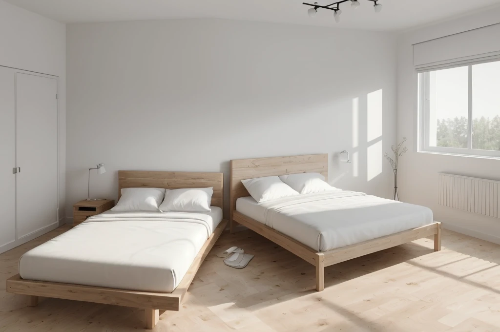 there is a bed with a wooden headboard and foot board in a room, bedroom background, all white render, bedroom interior, fotografia, natural light in room, bright render, sterile minimalistic room, minimalist and clean, clean minimalist design, white bed, clean 3 d render, elegant minimalism, best on adobe stock, inside of a bedroom, clean render