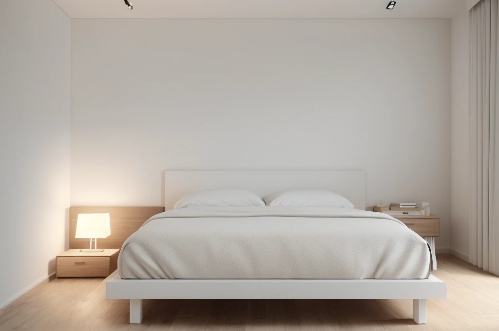 there is a bed with a wooden headboard and foot board in a room, bedroom background, all white render, bedroom interior, fotografia, natural light in room, bright render, sterile minimalistic room, minimalist and clean, clean minimalist design, white bed, clean 3 d render, elegant minimalism, best on adobe stock, inside of a bedroom, clean render