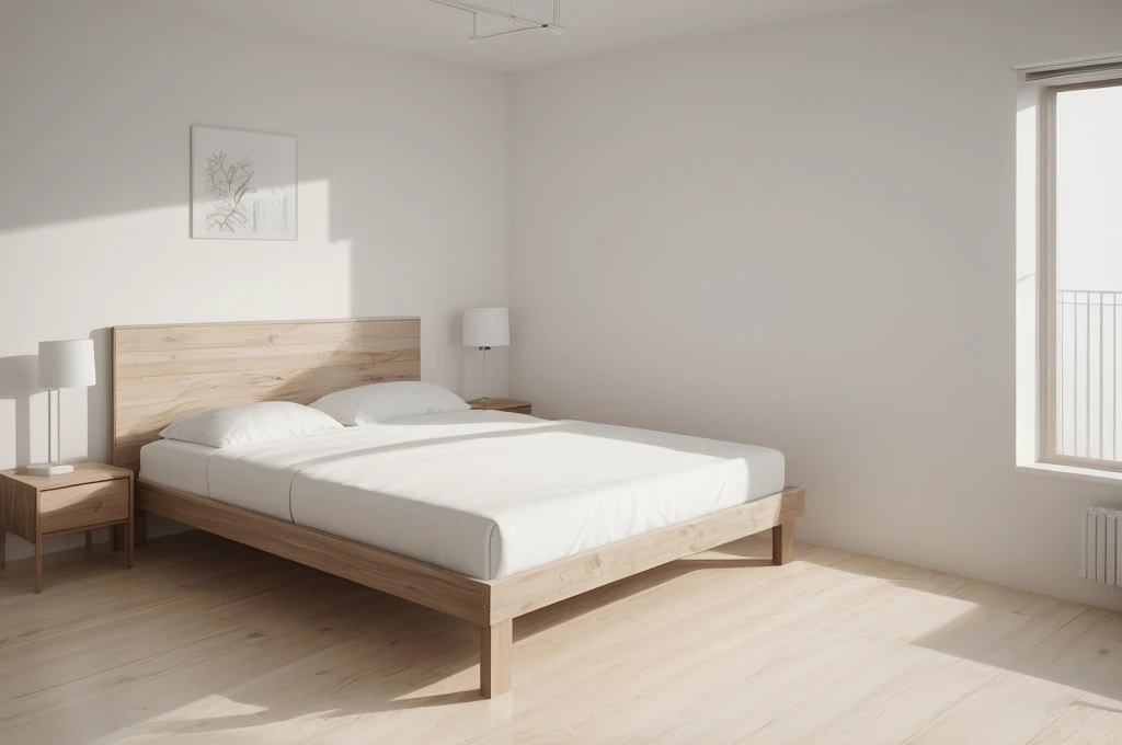 there is a bed with a wooden headboard and foot board in a room, bedroom background, all white render, bedroom interior, fotografia, natural light in room, bright render, sterile minimalistic room, minimalist and clean, clean minimalist design, white bed, clean 3 d render, elegant minimalism, best on adobe stock, inside of a bedroom, clean render