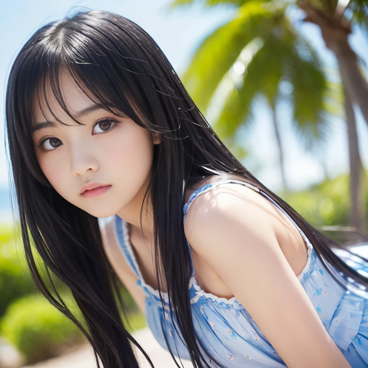 (Best-quality, Masterpiece, Ultra-High-Resolution, (Photorealistic:1.4), Raw Photo, depth of field, professional lighting, perfect anatomy, extremely details), 1girl, 15-years-old, the most famous Japanese idol, wearing summer-clothes, at summer-beach, beautiful sunlight, clear sky, ((erotic-mood, ecstatic):1.3), (extremely cute face like the most popular 15-years-old Japanese-idol, ((extremely cute and extremely big black-eyes)), extremely beautiful black-long-hair, (extremely beautiful skins), extremely cute long-eyelashes, extremely cute lips)