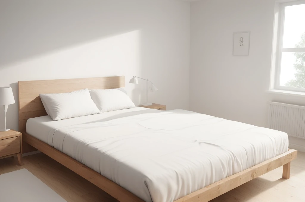 there is a bed with a wooden headboard and foot board in a room, bedroom background, all white render, bedroom interior, fotografia, natural light in room, bright render, sterile minimalistic room, minimalist and clean, clean minimalist design, white bed, clean 3 d render, elegant minimalism, best on adobe stock, inside of a bedroom, clean render