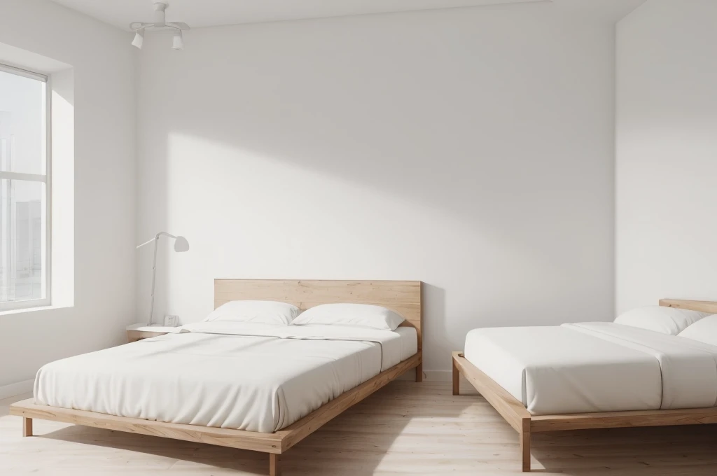 there is a bed with a wooden headboard and foot board in a room, bedroom background, all white render, bedroom interior, fotografia, natural light in room, bright render, sterile minimalistic room, minimalist and clean, clean minimalist design, white bed, clean 3 d render, elegant minimalism, best on adobe stock, inside of a bedroom, clean render