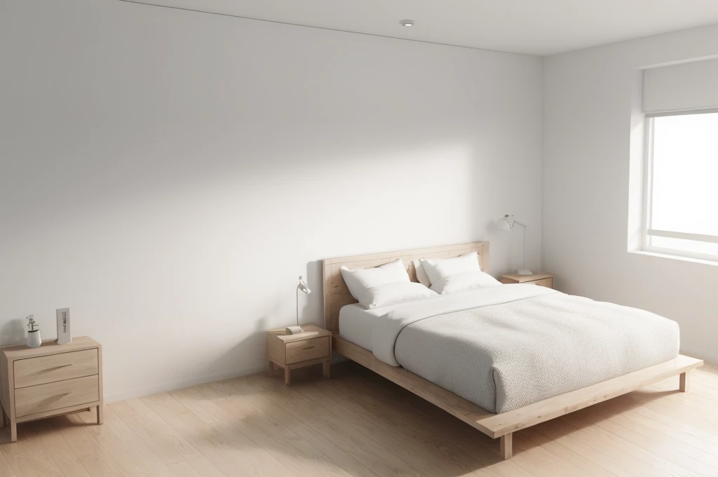 there is a bed with a wooden headboard and foot board in a room, bedroom background, all white render, bedroom interior, fotografia, natural light in room, bright render, sterile minimalistic room, minimalist and clean, clean minimalist design, white bed, clean 3 d render, elegant minimalism, best on adobe stock, inside of a bedroom, clean render