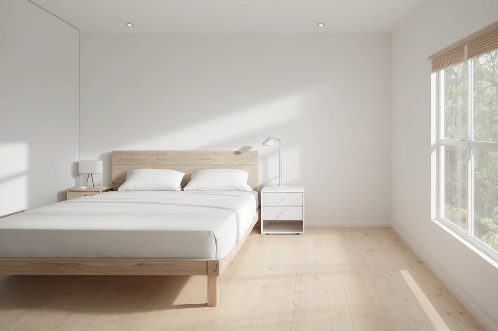 there is a bed with a wooden headboard and foot board in a room, bedroom background, all white render, bedroom interior, fotografia, natural light in room, bright render, sterile minimalistic room, minimalist and clean, clean minimalist design, white bed, clean 3 d render, elegant minimalism, best on adobe stock, inside of a bedroom, clean render