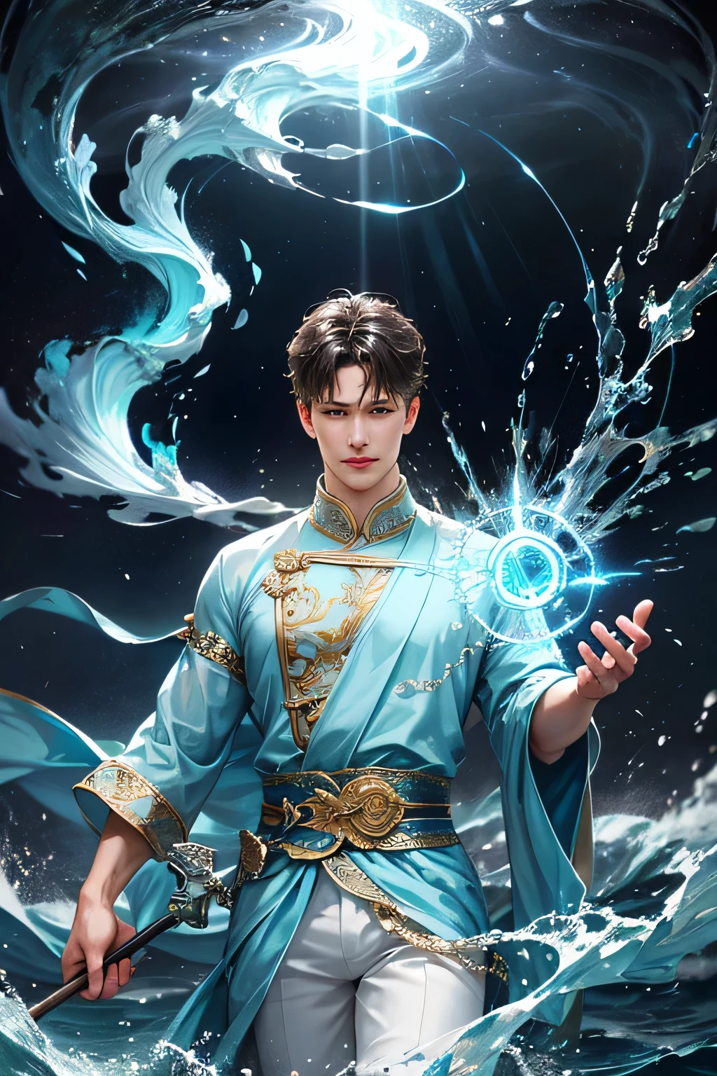 "Create an ultra-realistic image of a handsome, male fairy, around 43 years old. He should be holding a magical staff that emanates the energy of the water. Dress him in an elegant, varied aqua blue outfit that reflects the brilliance and dynamism of the water. Surround him with elements like swirling clouds and flashes of lightning to showcase his connection to these elements. Include a distinct water symbol or design on his body, signifying his role as the keeper of the deep water, and highlighting the powerful celestial energy he embodies within him."